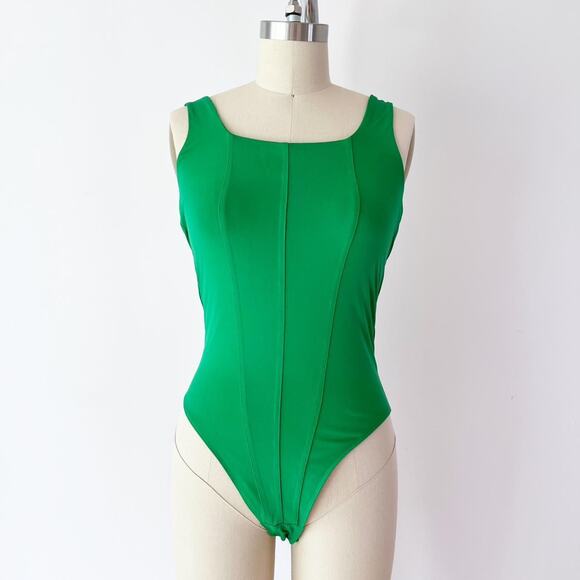 Green Square Neck Bodysuit Corset Seaming House of Harlow size Small - Picture 1 of 5